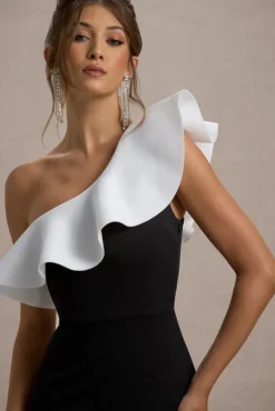 Berkley | Black u0026 White Ruffled One-Shoulder Maxi Dress