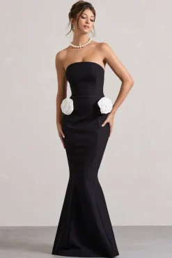 Best Of The Best | Black Strapless Fishtail Maxi Dress With Corsages