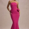 Best Of The Best | Dark Pink Strapless Fishtail Maxi Dress With Corsages