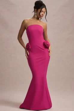 Best Of The Best | Dark Pink Strapless Fishtail Maxi Dress With Corsages