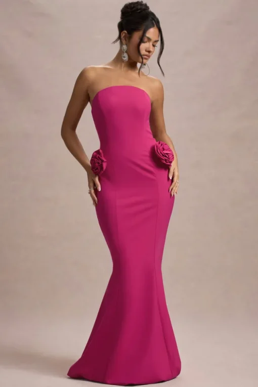 Best Of The Best | Dark Pink Strapless Fishtail Maxi Dress With Corsages
