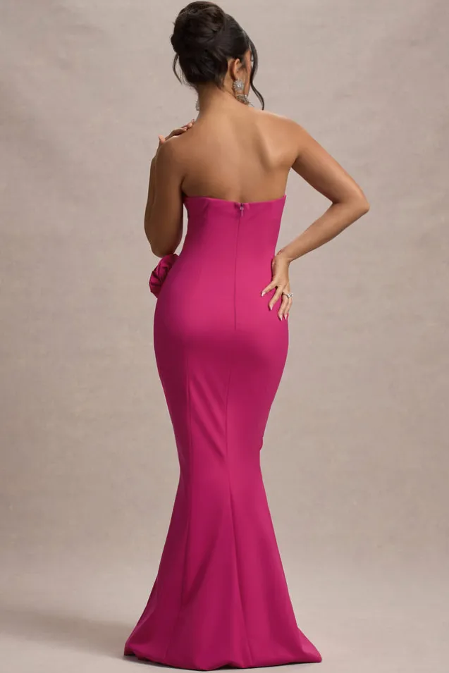 Best Of The Best | Dark Pink Strapless Fishtail Maxi Dress With Corsages