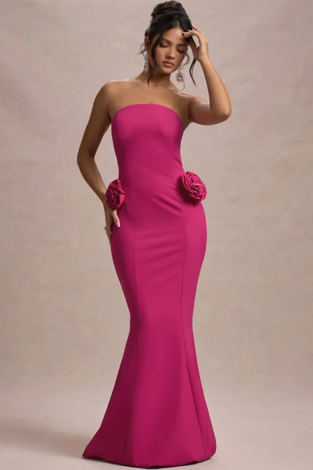 Best Of The Best | Dark Pink Strapless Fishtail Maxi Dress With Corsages