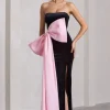 Best Wishes | Black Velvet Bandeau Split Maxi Dress With Oversized Pink Bow
