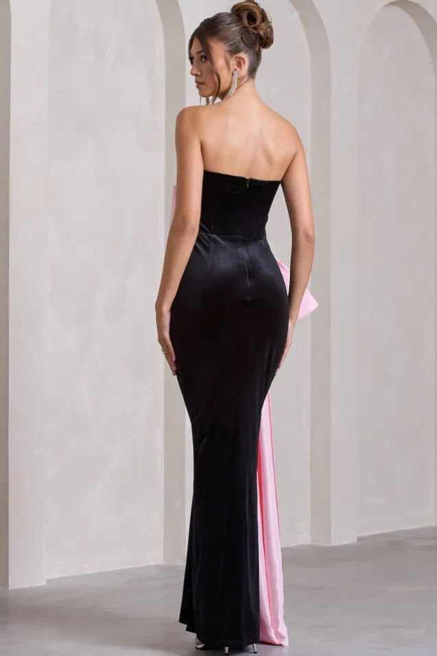 Best Wishes | Black Velvet Bandeau Split Maxi Dress With Oversized Pink Bow