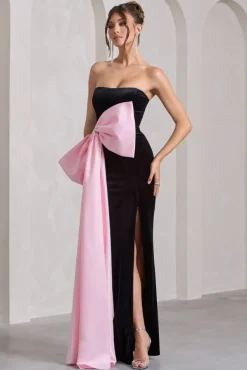 Best Wishes | Black Velvet Bandeau Split Maxi Dress With Oversized Pink Bow