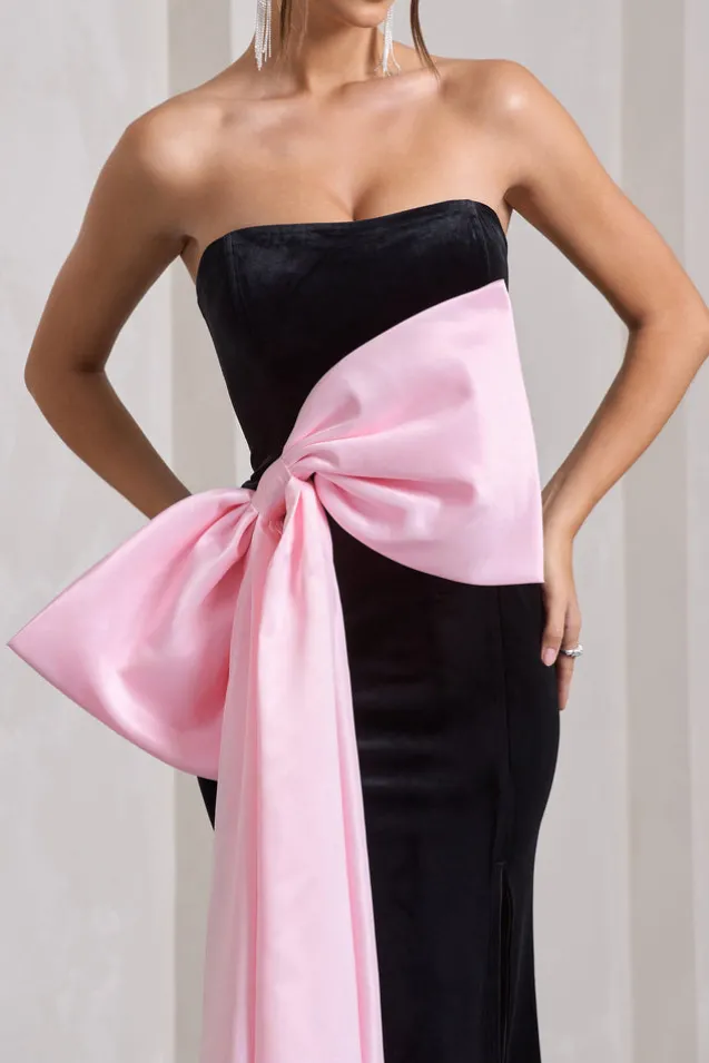 Best Wishes | Black Velvet Bandeau Split Maxi Dress With Oversized Pink Bow