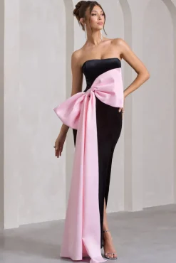 Best Wishes | Black Velvet Bandeau Split Maxi Dress With Oversized Pink Bow