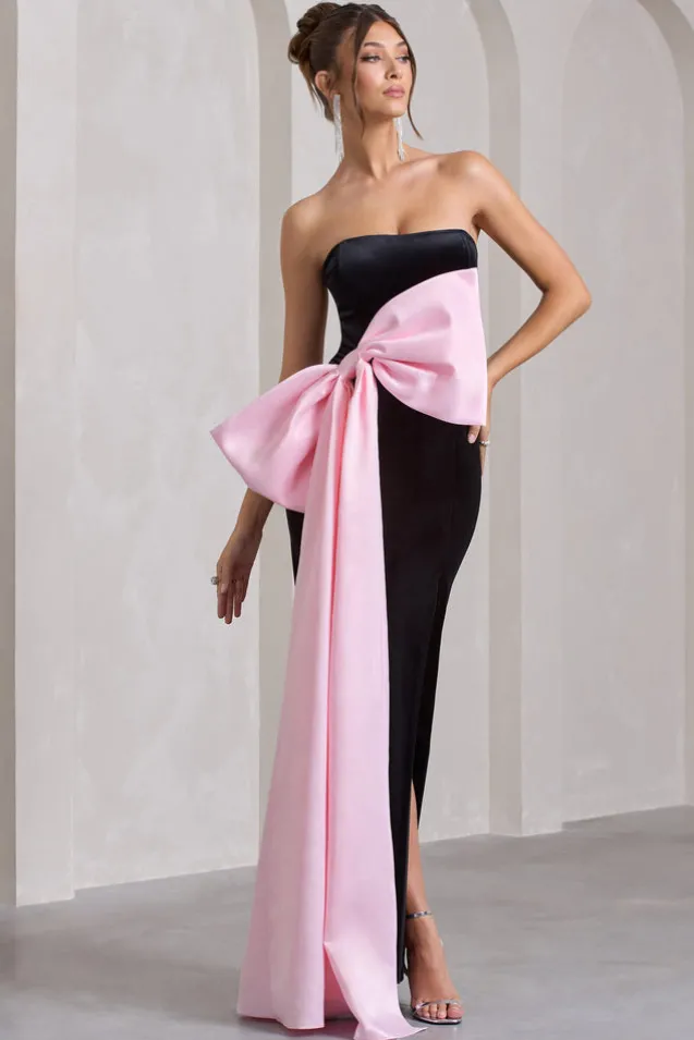 Best Wishes | Black Velvet Bandeau Split Maxi Dress With Oversized Pink Bow