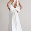 Bestow | White Open-Back Maxi Dress With Oversized White Bow