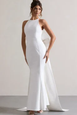 Bestow | White Open-Back Maxi Dress With Oversized White Bow