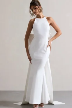 Bestow | White Open-Back Maxi Dress With Oversized White Bow