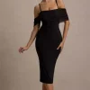 Bethan | Black Bodycon Strappy Mesh Bardot Midi Dress
