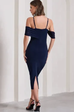 Bethan | Navy Bodycon Strappy Mesh Bardot Midi Dress