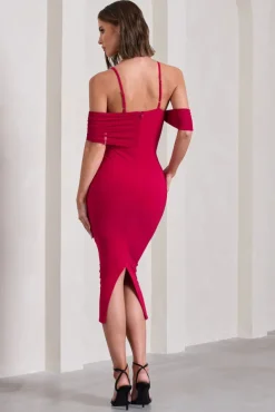 Bethan | Red Bodycon Strappy Mesh Bardot Midi Dress