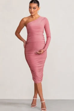 Betsy | Blush Asymmetric One Sleeve Maternity Midi Dress