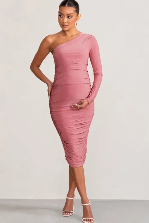 Betsy | Blush Asymmetric One Sleeve Maternity Midi Dress