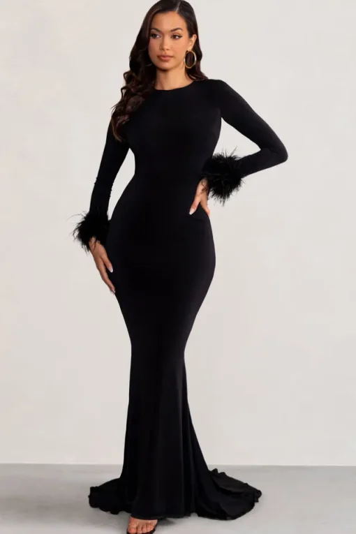 Betty | Black High Neck Long Sleeve Maxi Dress with Feather Cuffs