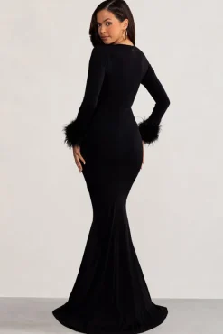 Betty | Black High Neck Long Sleeve Maxi Dress with Feather Cuffs