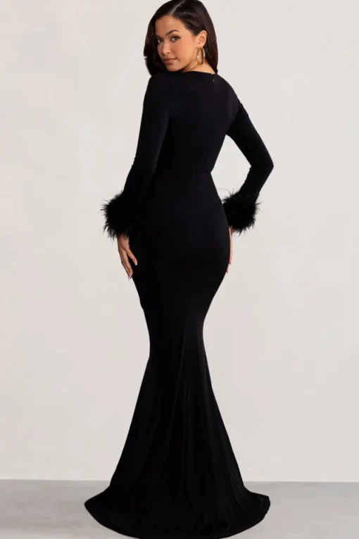 Betty | Black High Neck Long Sleeve Maxi Dress with Feather Cuffs