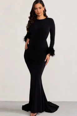 Betty | Black High Neck Long Sleeve Maxi Dress with Feather Cuffs