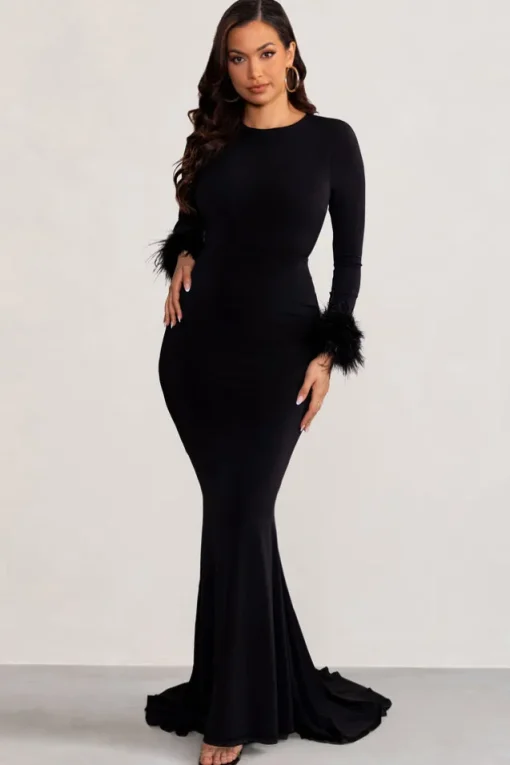 Betty | Black High Neck Long Sleeve Maxi Dress with Feather Cuffs