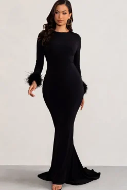 Betty | Black High Neck Long Sleeve Maxi Dress with Feather Cuffs