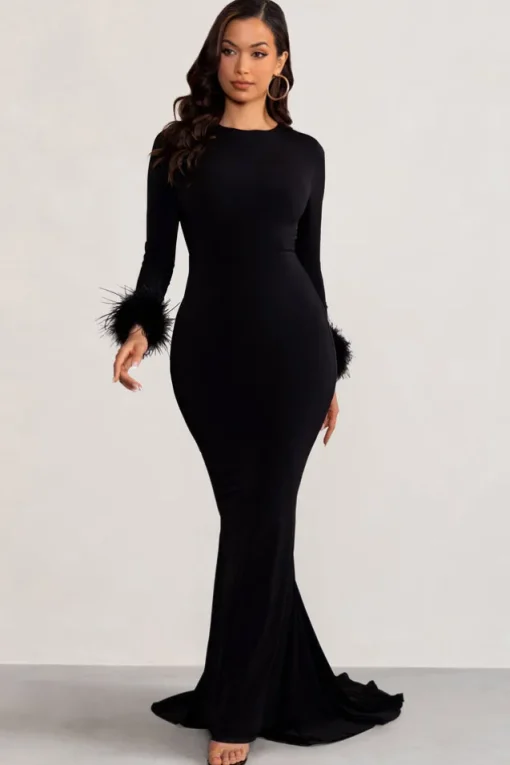 Betty | Black High Neck Long Sleeve Maxi Dress with Feather Cuffs