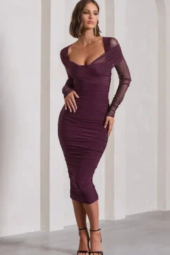 Between The Lines | Plum Ruched Mesh Long-Sleeved Bodycon Midi Dress