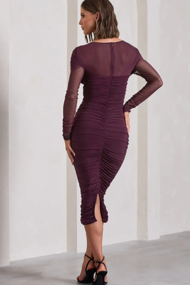 Between The Lines | Plum Ruched Mesh Long-Sleeved Bodycon Midi Dress
