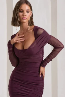 Between The Lines | Plum Ruched Mesh Long-Sleeved Bodycon Midi Dress