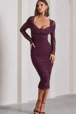 Between The Lines | Plum Ruched Mesh Long-Sleeved Bodycon Midi Dress