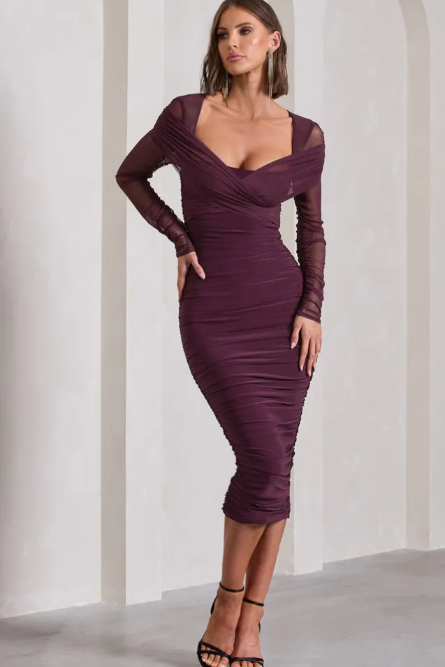 Between The Lines | Plum Ruched Mesh Long-Sleeved Bodycon Midi Dress