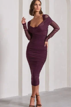 Between The Lines | Plum Ruched Mesh Long-Sleeved Bodycon Midi Dress