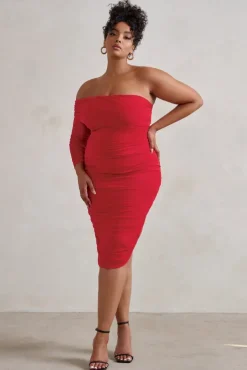 Bijou | Red Asymmetric Bardot Mesh Ruched Midi Dress