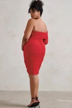 Bijou | Red Asymmetric Bardot Mesh Ruched Midi Dress