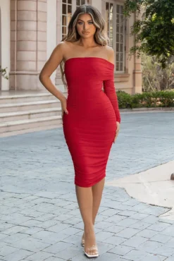 Bijou | Red Asymmetric Bardot Mesh Ruched Midi Dress