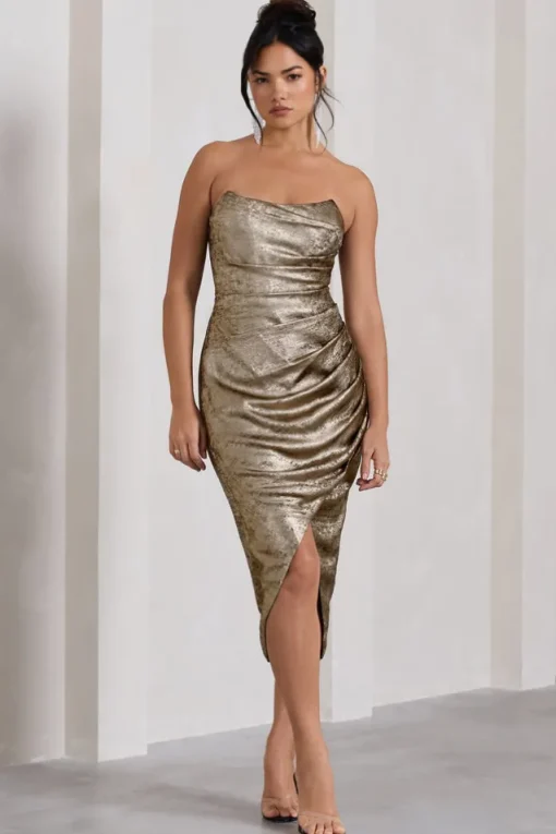 Blizzard | Gold Metallic Corset Wrap Midi Dress