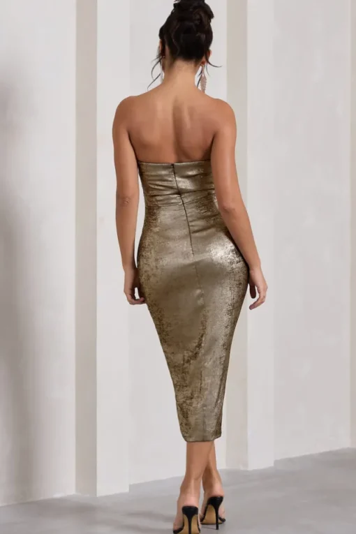 Blizzard | Gold Metallic Corset Wrap Midi Dress