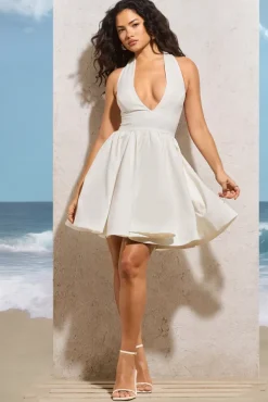 Bloom | White Plunge Halter-Neck Mini Dress
