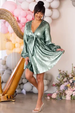 Blossoming | Mint Maternity Wrap Front Sequin Mini Dress