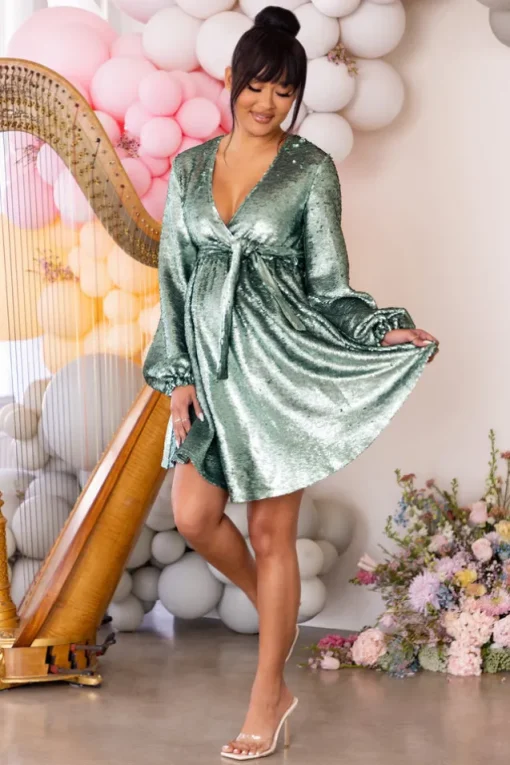 Blossoming | Mint Maternity Wrap Front Sequin Mini Dress