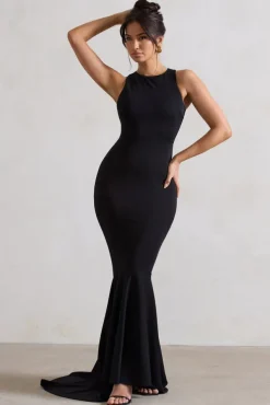 Bodhi | Black Racer-Neck Fishtail Maxi Dress