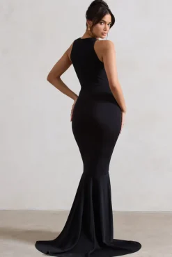 Bodhi | Black Racer-Neck Fishtail Maxi Dress