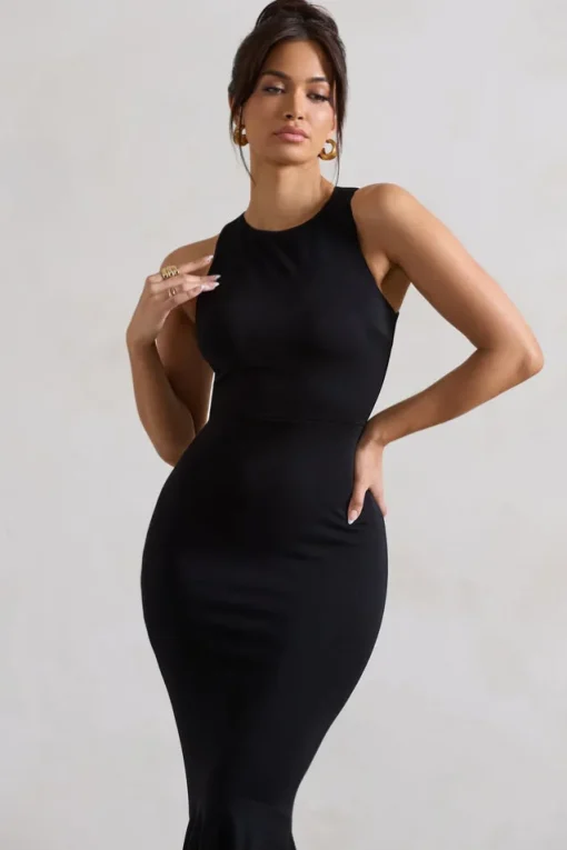 Bodhi | Black Racer-Neck Fishtail Maxi Dress