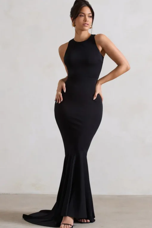 Bodhi | Black Racer-Neck Fishtail Maxi Dress