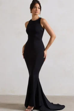 Bodhi | Black Racer-Neck Fishtail Maxi Dress