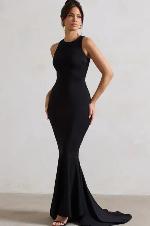 Bodhi | Black Racer-Neck Fishtail Maxi Dress