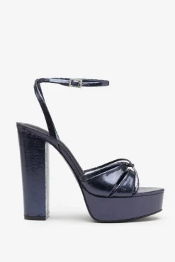 Bold Soul | Navy Strappy Heeled Platform Sandals With Diamante Buckles