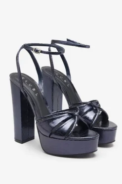 Bold Soul | Navy Strappy Heeled Platform Sandals With Diamante Buckles